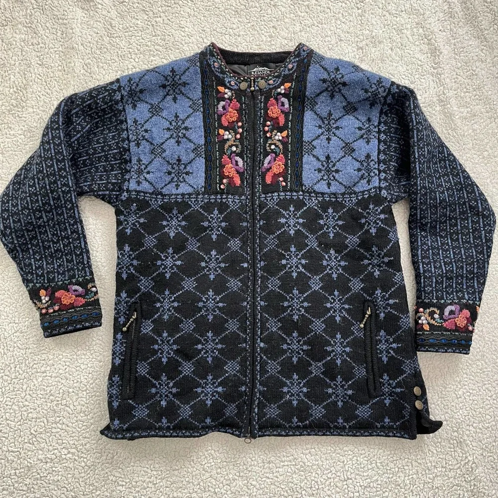 Vintage Icelandic Design Nordic Knit Jacket Heavy Cardigan Women Size Medium